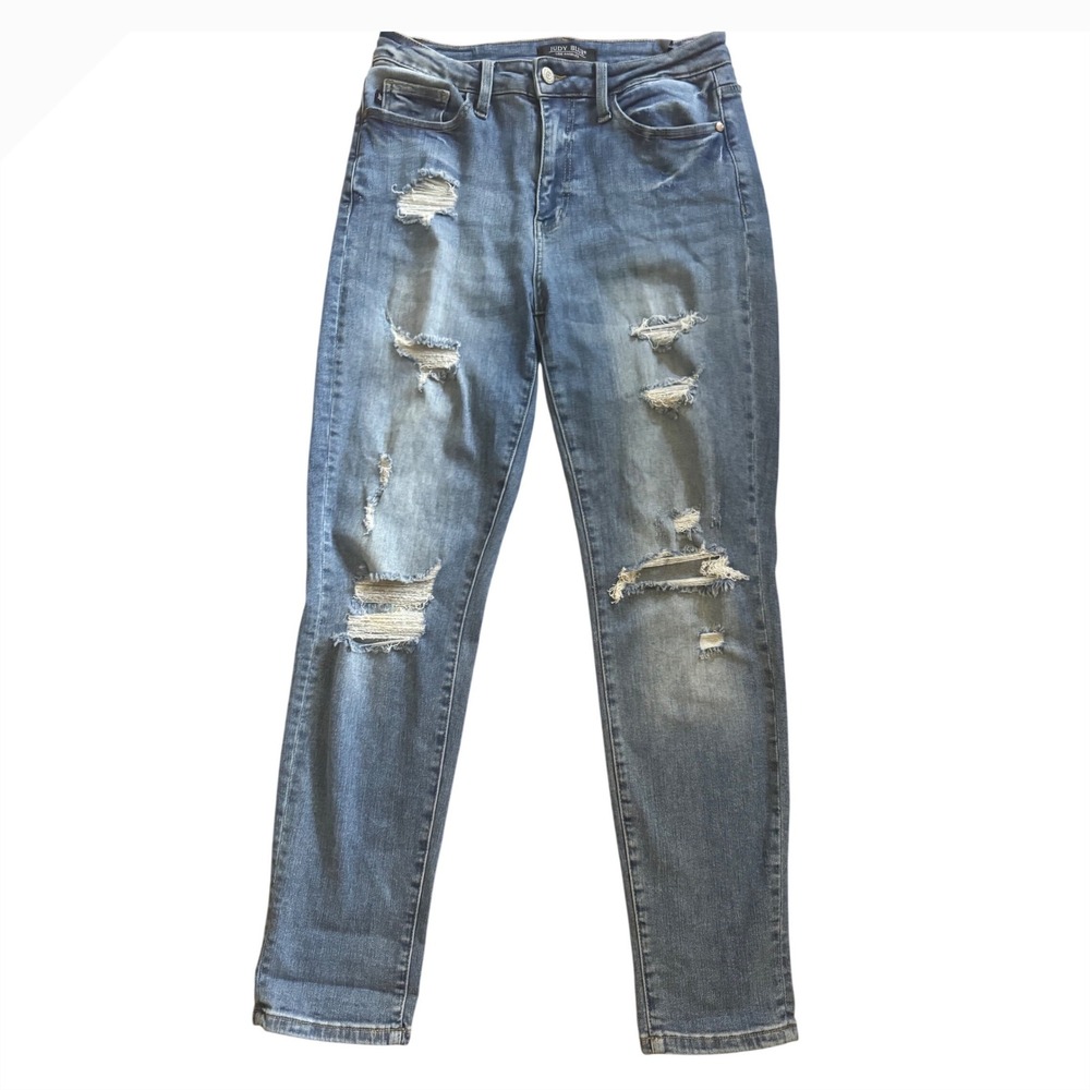 Judy Blue Los Angeles Blue Distressed Jeans Boyfriend Fit Button Zip Size 7/28